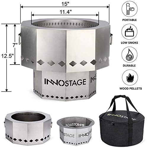 INNO STAGE Stainless Fire Pit with Portable Carrying Storage Bag, Patented Smoke-Free Firepit Bowl for Wood Pellet with Stand for Outdoor Campfire Flame or Bonfire BBQ on Patio Garden Backyard - M