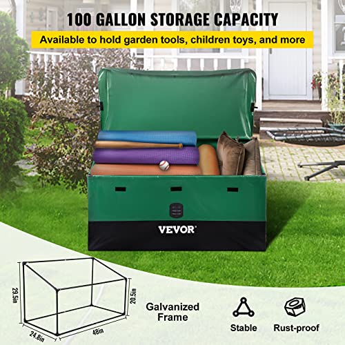 VEVOR Outdoor Storage Box, 100 Gallon Waterproof PE Tarpaulin Deck Box w/Galvanized Frame, All-Weather Protection & Portable, for Camping, Garden, Poolside, and Yard, Black & Green