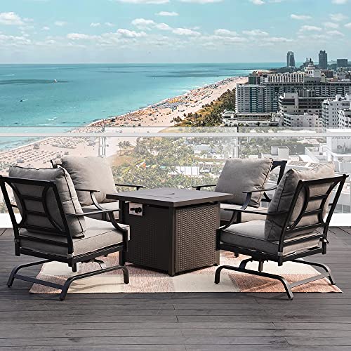 Grand patio 5PCS Patio Furniture Sets with 30 Inch 50,000 BTU Steel Square Propane Fire Pit Table,4 Rocking Metal Frame Chairs with Gray Cushions