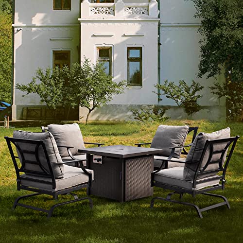 Grand patio 5PCS Patio Furniture Sets with 30 Inch 50,000 BTU Steel Square Propane Fire Pit Table,4 Rocking Metal Frame Chairs with Gray Cushions