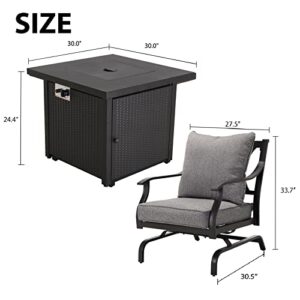 Grand patio 5PCS Patio Furniture Sets with 30 Inch 50,000 BTU Steel Square Propane Fire Pit Table,4 Rocking Metal Frame Chairs with Gray Cushions