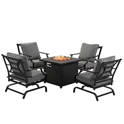 Grand patio 5PCS Patio Furniture Sets with 30 Inch 50,000 BTU Steel Square Propane Fire Pit Table,4 Rocking Metal Frame Chairs with Gray Cushions