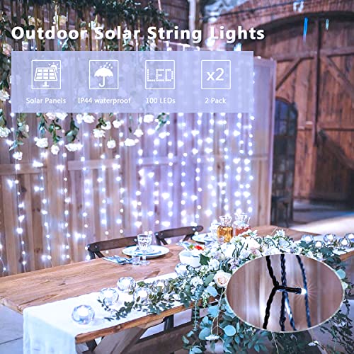 JMEXSUSS 2 Pack Solar String Lights Outdoor, 100 LED 42.7ft White Solar Lights Outdoor Waterproof, 8 Modes Green Wire Solar Christmas Lights for Garden, Wedding, Party, Christmas Tree Decoration