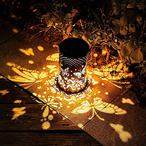 Vcdsoy Solar Outdoor Hanging Decorations Lanterns- Waterproof Hollowed Retro Metal Garden Balcony Decor Lantern-Solar Lantern Lights with Handle,Gifts for Patio Yard Garden Pathway Landscape