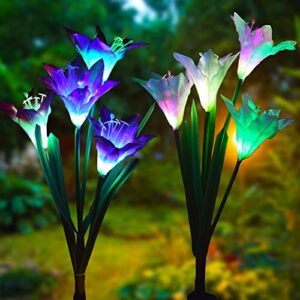 doingart outdoor solar garden stake lights 2 pack solar powered lights with 8 lily flower, multi-color changing led solar decorative lights for garden, patio, backyard (purple and white)