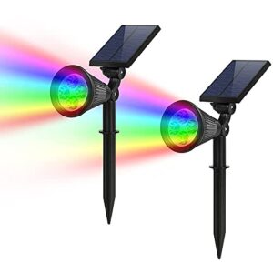 f-teck solar spotlights, 2-in-1 colored adjustable 4 led wall/ground landscape solar lights with automatic on/off sensor dusk to dawn, 2 pack