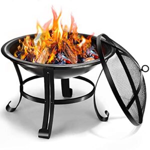 wilrex outdoor fire pits, 22” portable bonfire firepits for outside wood burning with spark screen and fireplace poker for backyard garden patio bonfire heating, camping and bbq, black