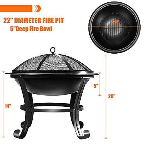 Wilrex Outdoor Fire Pits, 22'' Portable Bonfire FirePits for Outside Wood Burning with Spark Screen and Fireplace Poker for Backyard Garden Patio Bonfire Heating, Camping and BBQ, Black