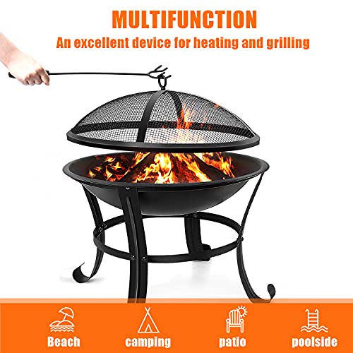 Wilrex Outdoor Fire Pits, 22'' Portable Bonfire FirePits for Outside Wood Burning with Spark Screen and Fireplace Poker for Backyard Garden Patio Bonfire Heating, Camping and BBQ, Black