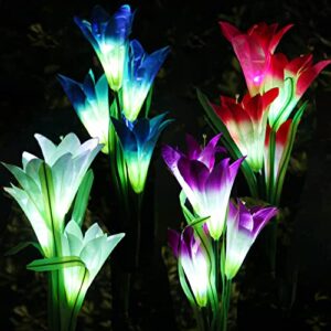 kaq 4 pack halloween decorations outdoor, solar flower lights,16 large lily flowers solar garden lights, waterproof 7 color easter pastel lights, easter outdoor lights for garden yard