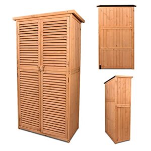 JOVNO Outdoor 63" Wood Storage Shed Tool Organizer Garden Storage Cabinet with Waterproof Roof, Lockable Doors, 3-Tier Shelves for Patio Lawn Backyard Home Garage