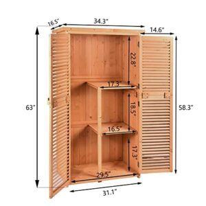 JOVNO Outdoor 63" Wood Storage Shed Tool Organizer Garden Storage Cabinet with Waterproof Roof, Lockable Doors, 3-Tier Shelves for Patio Lawn Backyard Home Garage