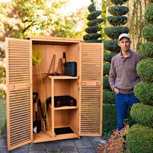 JOVNO Outdoor 63" Wood Storage Shed Tool Organizer Garden Storage Cabinet with Waterproof Roof, Lockable Doors, 3-Tier Shelves for Patio Lawn Backyard Home Garage