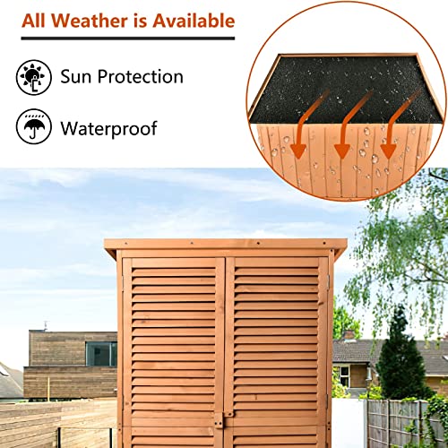 JOVNO Outdoor 63" Wood Storage Shed Tool Organizer Garden Storage Cabinet with Waterproof Roof, Lockable Doors, 3-Tier Shelves for Patio Lawn Backyard Home Garage