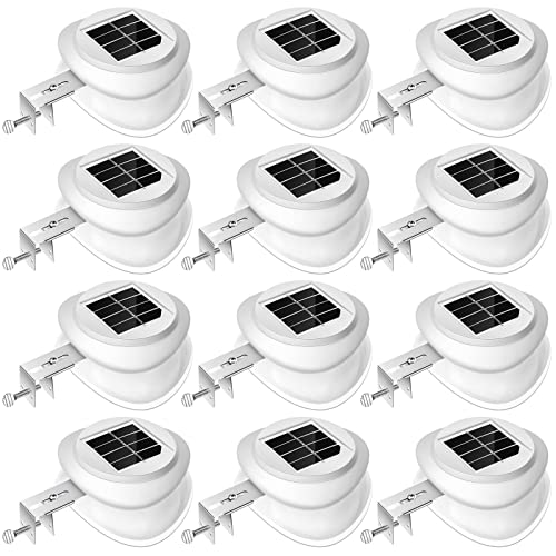 12 Pieces Solar Gutter Solar Lights Outdoor 9 LED Waterproof Gutter Solar Lighting Deck Fence Sun Power Lamps White Light for Garden Backyard Pathway Roof Yard Utility Patio Wall (White)