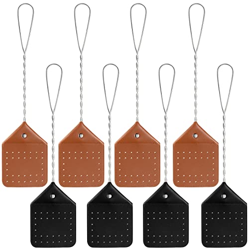 8 Pack 17" Leather Fly Swatter Manual Heavy Duty Flyswatter with Long Handle Rustic Wasp Swatter for Kitchen Home Indoor Outdoor Flies (Black, Brown, Metal Handle)