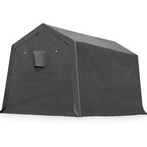 advance outdoor 8×14 ft steel metal peak roof anti-snow portable garage shelter storage shed carports for motorcycle, bike or garden tools with 2 roll up doors & vents, gray