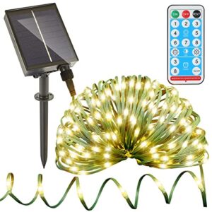 sunilluma outdoor solar fairy lights – 300 led 100ft strong pvc wire with 8 functions by remote, waterproof, warm white lights and green wire, great for party, garden and holiday decoration