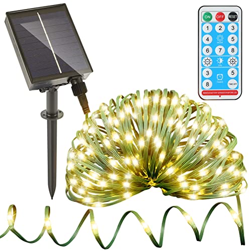 SUNILLUMA Outdoor Solar Fairy Lights - 300 LED 100FT Strong PVC Wire with 8 Functions by Remote, Waterproof, Warm White Lights and Green Wire, Great for Party, Garden and Holiday Decoration