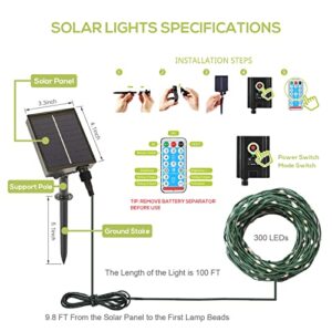 SUNILLUMA Outdoor Solar Fairy Lights - 300 LED 100FT Strong PVC Wire with 8 Functions by Remote, Waterproof, Warm White Lights and Green Wire, Great for Party, Garden and Holiday Decoration