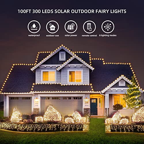 SUNILLUMA Outdoor Solar Fairy Lights - 300 LED 100FT Strong PVC Wire with 8 Functions by Remote, Waterproof, Warm White Lights and Green Wire, Great for Party, Garden and Holiday Decoration