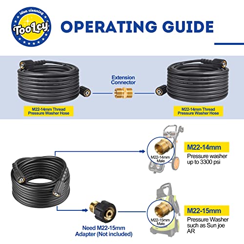 TOOLCY Pressure Washer Extension Hose, 50 ft Kink Resistant Power Washer Hose for Replacement, with Extension Coupler, 3300 PSI, 1/4" inch, M22-14mm Fittings