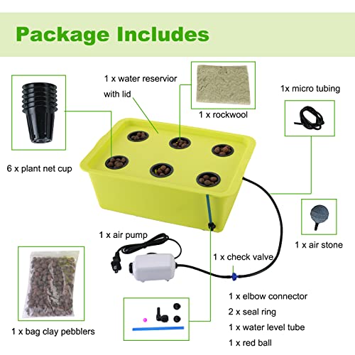 MYFULLY Hydroponic System Growing Kit | Plants Herb Garden Starter Set DIY Self Watering Indoor Hydroponics Tools with Large Bubble Stone Rockwool Bucket Air Pump (6 Sites)