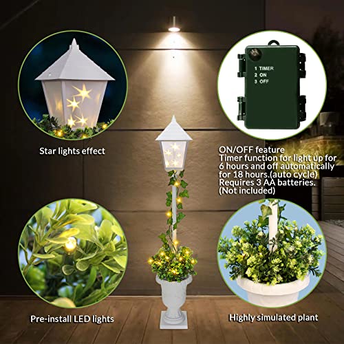 GREATDAY 3.5-feet Home Decorated Pre-Lit Lamp Post with Artificial Plants and 20 LED Lights with Timer by Batteries Operated for Front Door,Entryway, Patio Porch Home Decorations,Garden Use