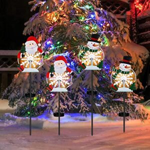 Spiareal 4 Pack Christmas Metal Lights Outdoor Solar Stake Light Snowman Christmas Garden Stake Light with Warm Lights Solar Christmas Yard Decor for Garden Lawn Pathway Holiday Winter (Lovely Style)