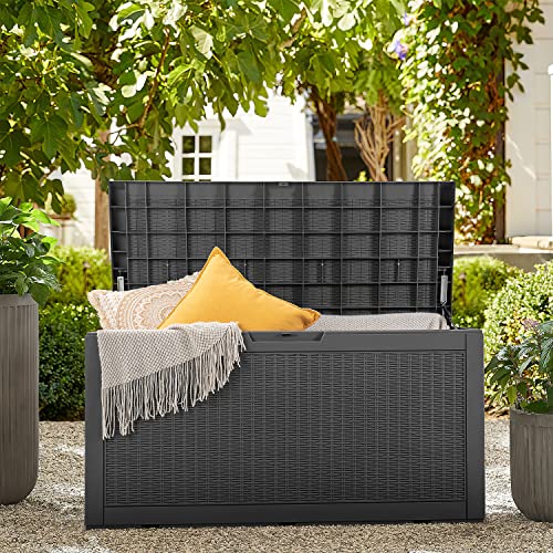 JUMMICO 100 Gallon Large Resin Deck Box Waterproof Outdoor Indoor Storage Box Imitation Rattan Storage Lockable Container for Garden Pool Cushions Patio Furniture (Gray)