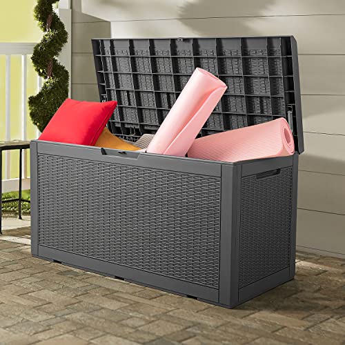 JUMMICO 100 Gallon Large Resin Deck Box Waterproof Outdoor Indoor Storage Box Imitation Rattan Storage Lockable Container for Garden Pool Cushions Patio Furniture (Gray)