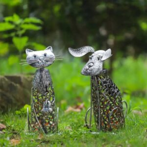 nature’s porter silver cat and dog figurine metal material solar powered outdoor garden led lights for yard patio lawn landscape pathway decorations(2 packs)