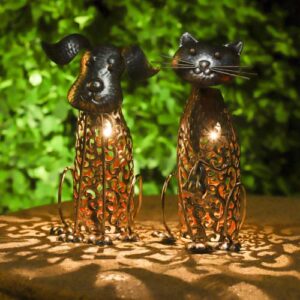 Nature's porter Silver Cat and Dog Figurine Metal Material Solar Powered Outdoor Garden LED Lights for Yard Patio Lawn Landscape Pathway Decorations(2 Packs)