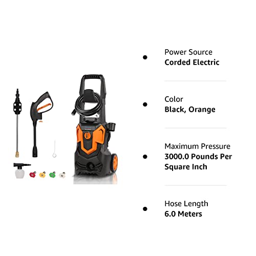 Max. 3000PSI 1.8GPM Electric Pressure Washer Power Washer, High Pressure Washer with Spray Gun 4 Nozzle Adapter and Soap Nozzle for Cleaning Garden Car Patio Fence Yard Driveways