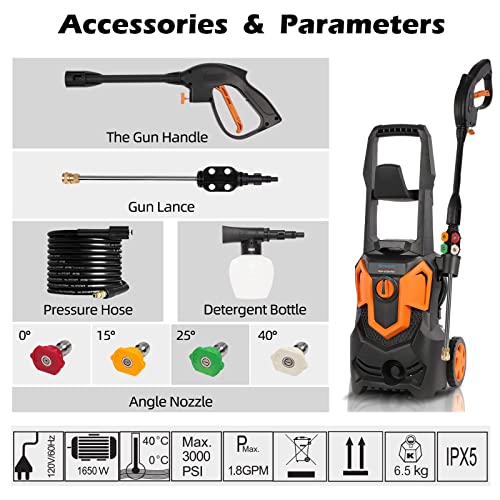 Max. 3000PSI 1.8GPM Electric Pressure Washer Power Washer, High Pressure Washer with Spray Gun 4 Nozzle Adapter and Soap Nozzle for Cleaning Garden Car Patio Fence Yard Driveways