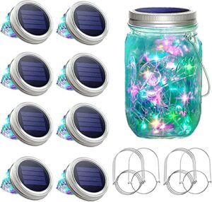 sunkite solar mason jar lights, 8 pack 15 led waterproof fairy firefly jar lids string lights with hangers(no jars), patio yard garden wedding easter decoration – multicolor