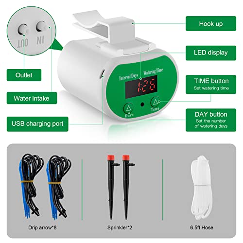 Automatic Watering System for Potted Plants Watering Devices Automatic Plant Waterer System with 8 Irrigation Drippers and 2 Sprinkler Chargeable