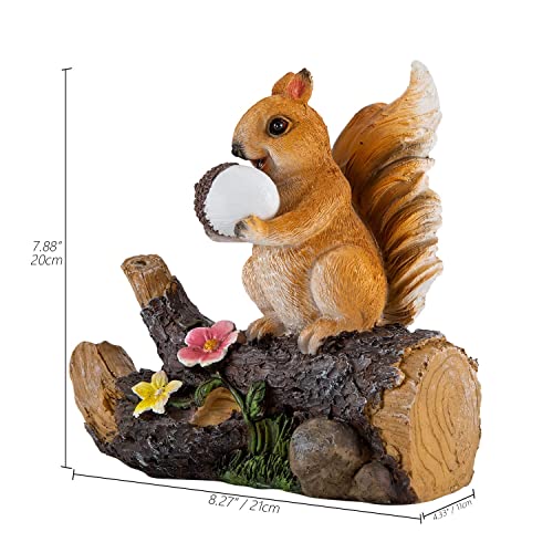 Solar Garden Statue Outdoor Decor, Squirrel Holding a Pinecone Stood on Trunk with Solar LED Lights, Outside Decoration for Patio Yard Lawn Porch Ornaments Gardening Gift