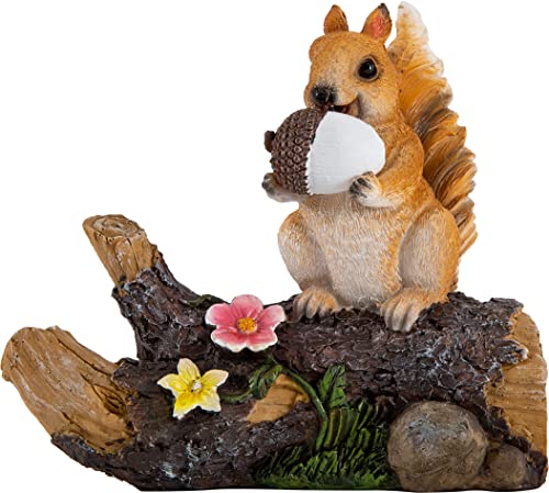 Solar Garden Statue Outdoor Decor, Squirrel Holding a Pinecone Stood on Trunk with Solar LED Lights, Outside Decoration for Patio Yard Lawn Porch Ornaments Gardening Gift