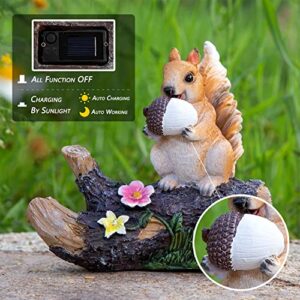 Solar Garden Statue Outdoor Decor, Squirrel Holding a Pinecone Stood on Trunk with Solar LED Lights, Outside Decoration for Patio Yard Lawn Porch Ornaments Gardening Gift