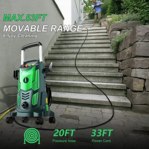 Homdox 1800W Electric Pressure Washer, 2.2GPM High Power Washer, Powerful Machine with 360°Spinner Spinner Wheel, Iron Spray Lance, Self Assembled, for Patio, Garden, and Car Cleaning(Green)