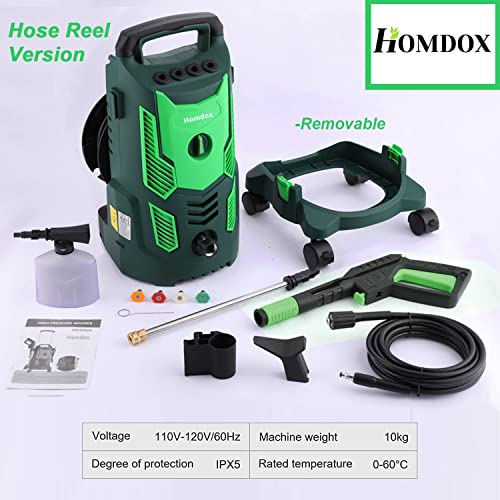 Homdox 1800W Electric Pressure Washer, 2.2GPM High Power Washer, Powerful Machine with 360°Spinner Spinner Wheel, Iron Spray Lance, Self Assembled, for Patio, Garden, and Car Cleaning(Green)