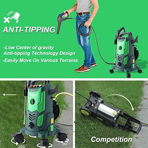 Homdox 1800W Electric Pressure Washer, 2.2GPM High Power Washer, Powerful Machine with 360°Spinner Spinner Wheel, Iron Spray Lance, Self Assembled, for Patio, Garden, and Car Cleaning(Green)