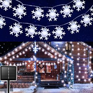 [ solar powered & 8 modes ] 100 led 39.3 ft christmas lights decoration snowflake string lights timer fairy lights bedroom patio garden party xmas decor home indoor outdoor christmas tree (cool white)
