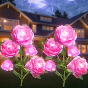 smilingtown solar flower lights garden decorations outdoor waterproof [updated] 2 packs 10 pink roses solar decorative stake lights for patio pathway yard lawn decor gifts