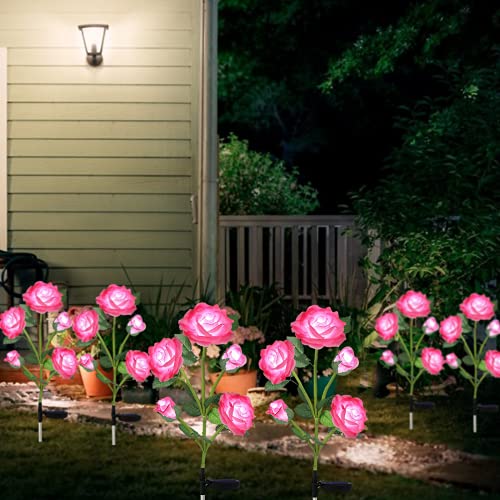 SmilingTown Solar Flower Lights Garden Decorations Outdoor Waterproof [Updated] 2 Packs 10 Pink Roses Solar Decorative Stake Lights for Patio Pathway Yard Lawn Decor Gifts