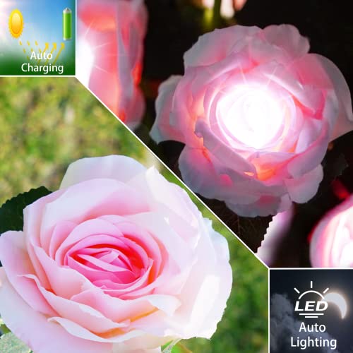 SmilingTown Solar Flower Lights Garden Decorations Outdoor Waterproof [Updated] 2 Packs 10 Pink Roses Solar Decorative Stake Lights for Patio Pathway Yard Lawn Decor Gifts