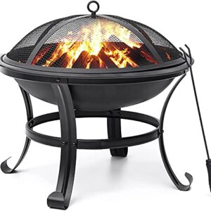 yingzheng Fire Pit,22in Portable Bonfire FirePits,Outdoor Firepit Steel BBQ Grill Fire Bowl with Spark Screen,for Backyard, Camping, Picnic, Bonfire, Garden Cover,Poker., Black