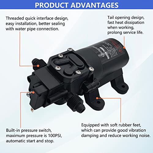 DC 12V Fresh Water Pump 60W Spray Pump, with Speed Switch Filter Pressure Switch 4.5L/min 1.2GPM 100PSI, Suitable for Car Wash/Sprayer/Garden Irrigation/Home Water Supply/Camper