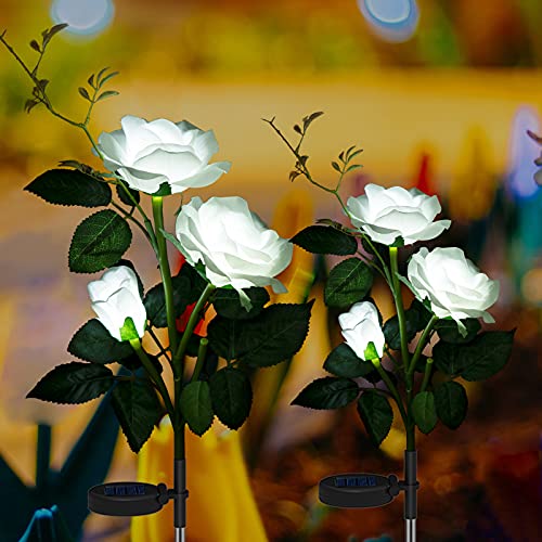 Anordsem 2 Pack Solar Rose Flower Lights, Upgrade Flower Lights Outdoor, Waterproof Solar Garden Stake Lights, Decorative Landscape Lights with 6 Rose Flowers for Backyard, Party, Pathway (White)